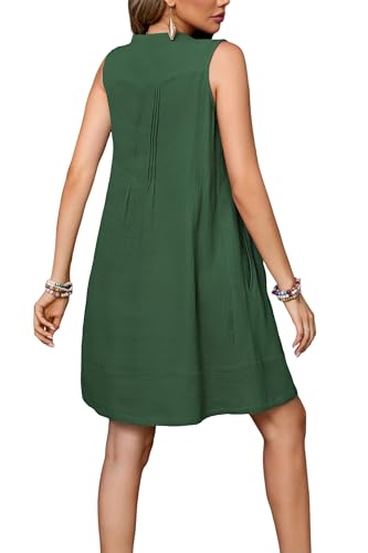 Image of R.Vivimos Sleeveless Cotton Casual Dresses for Women Summer 2026 Button Up Ruched Loose Tunic Mini Dress with Pockets