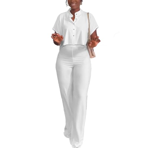 HBQ Women's Summer 2 Piece Outfits Casual Tracksuit Short Sleeve Button Down Crop Top Wide Leg Long Pant Lounge Sets4