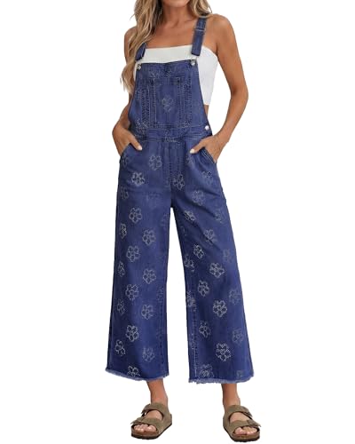 luvamia Loose Fit Flower Overalls for Women Wide Leg Capri Denim Jumpsuits for Women Summer Stretchy Jean Bib Overall Embroidered Raw Hem Floral Darkness Blue Large US Size 12-14