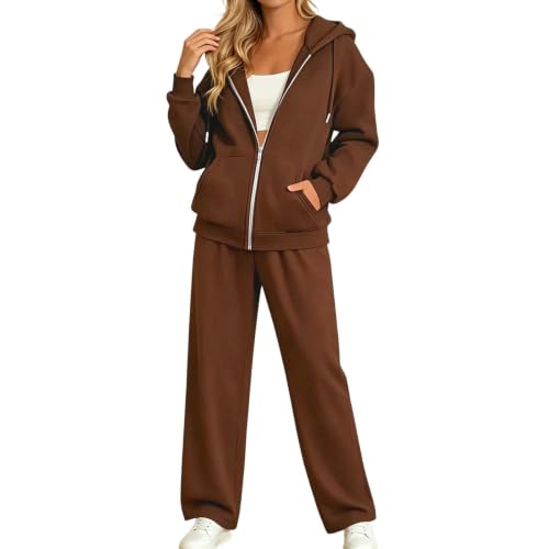 Fall Sets for Women,Sweatsuits Women 2 Piece Outfit Track Suit Zip up Hoodies Baggy Wide Leg Sweatpants Fleece Sweat Set Fall Winter Lounge Joggers Travel Outfits,Brown,XXL