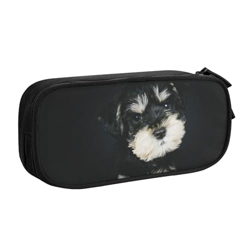 ミニチュア・シュナウザーの子犬ペンケース 筆箱 文具ケース おしゃれ 筆袋 鉛筆ケース 鉛筆のサック 中高校生 軽量 収納バッグ 学生 子供 誕生日 入学ギフト 大容量 ダブルレイヤーBlack