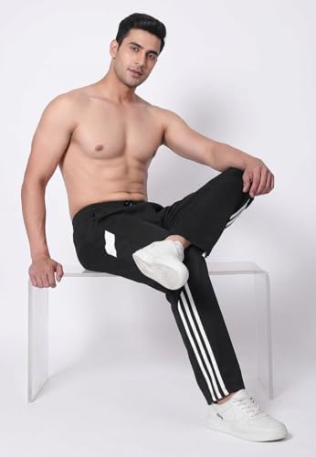 Image of Flapfit Men's Striped Pattern Spandex Track Pant with Full Length Drawstring Closure Type and Loose Fit Jogger Style