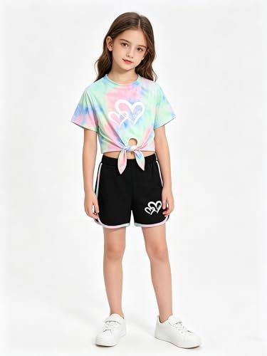 Image of Girls 6 Pieces Summer Outfits Casual Short Sleeve Tee Tops and Dolphin Shorts Set 4-12Y