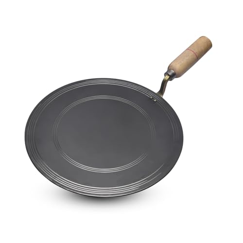 Image of VISMAY'S 12 Inch Food Grade Pure Iron Dosa Tawa Lohe ka Tava Multipurpose Chapati Utappam Thawa Smooth Edge Metal Spoon Friendly Strong Wooden Handle Gas Compatible
