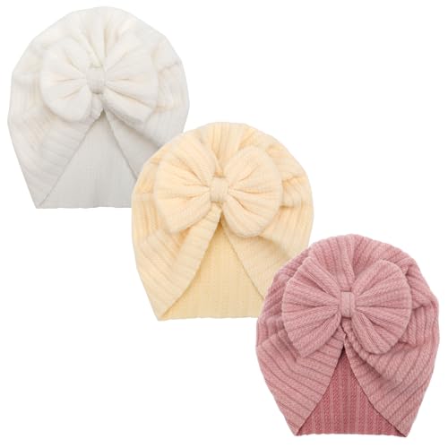 Image of AQOKKA 3 Pcs Newborn Baby Turban Hats Big Bow Baby Girl Hats Infant Beanie Warm Toddler Cap for Baby Girls Kids 3-12 Month