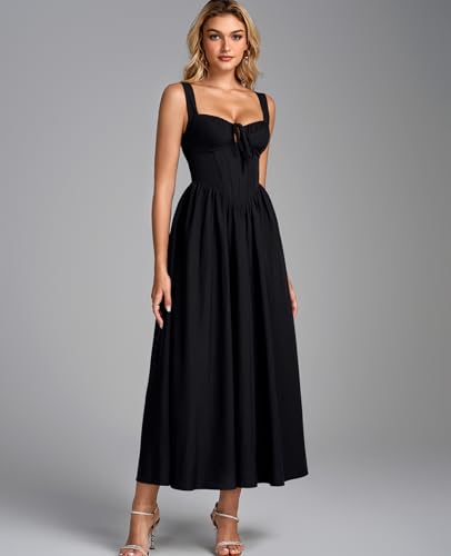 Image of GLNEGE Womens Corset Midi Dress Spring Wedding Guest A-line Flowy Dresses Lace Up Summer Tea Party Long Sundress for 2026
