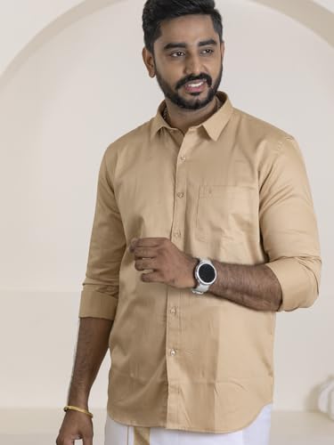 Image of RAMRAJ COTTON Men Premium Cotton Full Sleeves Shirt and Fancy Border Dhoti Set Luxe Set