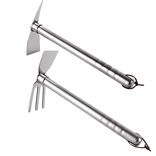 JMIATRY Lot de 2 binettes de jardin 2 en 1 avec râteau et pelle et pioche 2 en 1 en acier inoxydable pour desserrer le désherbage, les semis, la transplantation Cover