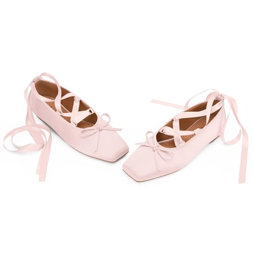 Women's Satin Ballet Flats Light Pink Bow Ballerina Slippers Lace