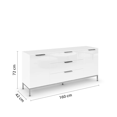 Rauch Möbel Flipp, Nachttisch für Schlafzimmer, Kinderzimmer, Wohnzimmer, Flur, Garderobe, 2-türig, 3 Schubladen, mit Softclose-Funktion, Griffe und Metallkufe Chrom, Farbe Glas Weiß, Breite 160 cm