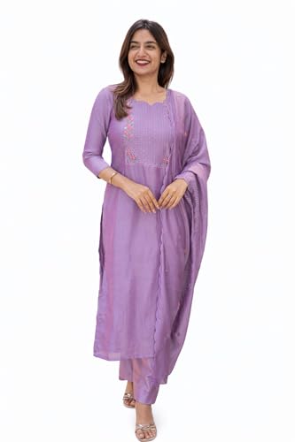 Image of Women Cotton Kurta Pant Set with Chanderi Cotton Dupatta | 3-Piece Straight Fit 3 /4 Sleeves Kurta with V-Neck | Ethnic, Festive & Casual Wear for Women| 3 Piece Set