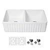 33 White Farmhouse Sink Double Bowl - Sarlai 33 Inch Kitchen Sink Reversible Apron Front Double Bowl 50/50 White Porcelain Ceramic Fireclay Kitchen Farm Sink