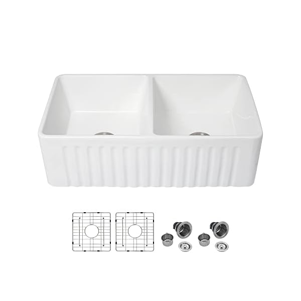 33 White Farmhouse Sink Double Bowl - Sarlai 33 Inch Kitchen Sink Reversible Apron Front Double Bowl 50/50 White Porcelain Ceramic Fireclay Kitchen Farm Sink