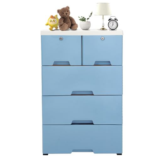 GDNTMU Plastic Drawers Dresser Storage Cabinet - 6 Drawer 5Tier Storage Organizer with Wheels & Locks, Stylish Clothes Storage Organizer for Clothes, Playroom, Bedroom Furniture Blue