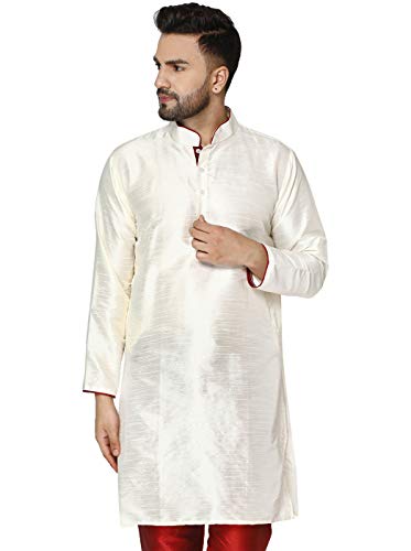 Image of Amazon Brand - Anarva Men's Art Silk Woven Design Long Kurta Mandarin Collar Straight Shirt
