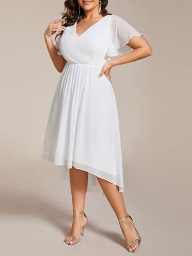 Image of Ever-Pretty Plus Summer Short Sleeves V-Neck Formal Wedding Guest Dresses for Curvy Women Chiffon Midi Cocktail Party Dress
