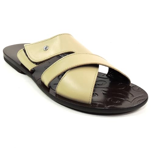 Goodman Men's Leather Comfort Sandals, Beige, Slip-On Summer Flats with Cross Strap Design, Made in Italy3