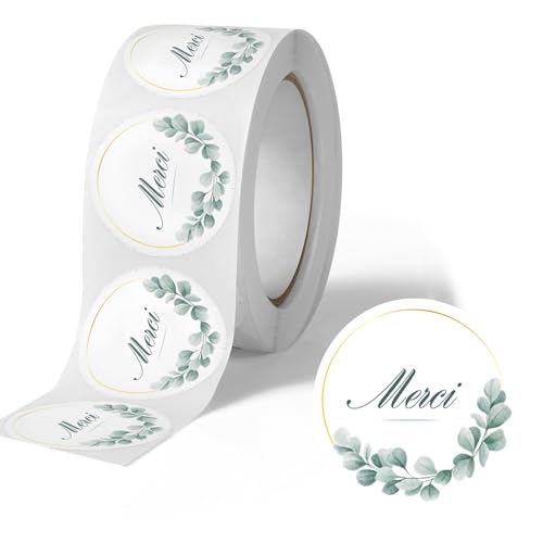 Avery - 500 étiquettes Merci Rondes Autocollantes - Ø 35 mm - Papier Recyclé - Eucalyptus - 1 rouleau de 500 Stickers Remerciements pour Mariage, Artisanat...