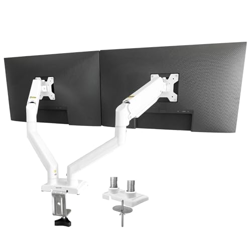 XEVKZO Dual Monitor Arms Gas Spring Monitor Arms for 2 Monitors up to 34 Curved/Flat 22lbs per Arm VESA Mount 75x75 100x100mm C-Clamp & Grommet Base Adjustable Tilt/Swivel/Rotation White