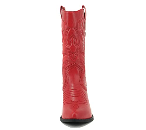 Soda Reno Women Western Cowboy Pointed Toe Knee High Pull On Tabs Boots (Red Str Pu, US Footwear Size System, Adult, Women, Numeric, Medium, 7)3