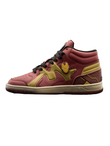 Image of The Souled Store Iron Man: Arc Reactor Men and Boys High Top Sneakers Maroon and Gold Streetwear Smooth Synthetic Cushioned Midsole Red Rubber Sole Lace Up Closure Padded Ankle Collar