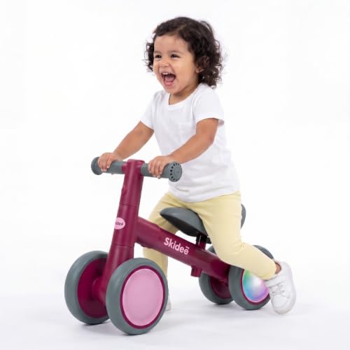 SKIDEE Toddler Balance Bike 1-3, 4-Wheel Balance Bike with Rare Light-Motion-Activated LED Wheels, Adjustable Height & Child Safe Steering, Lightweight Ride-On Toy for Boys & Girls, Raspberry by SKIDEE - Used condition - Image 2