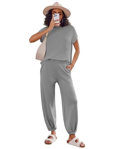 Image of Ekouaer Two Piece Outfits Lounge Sets for Women Sweater Sets Knit Short Sleeve Tops Jogger Pants Matching Tracksuit