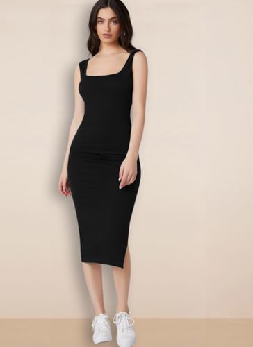Image of rosery paris Square Neck Sleeveless Black Bodycon Dress for Women and Casual wear