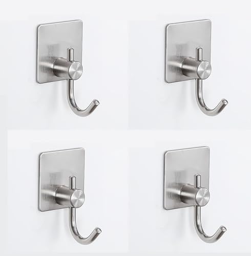 壁掛けフック 強力粘着フック 傷つけない壁 ステンレス製 穴開け不要 防水 防湿 錆びないフック 耐荷重10KG オフィス用 浴室/台所/玄関/部屋壁掛け用 貼り付け跡なし 4枚セット (Jフックシルバー, シングルフック)