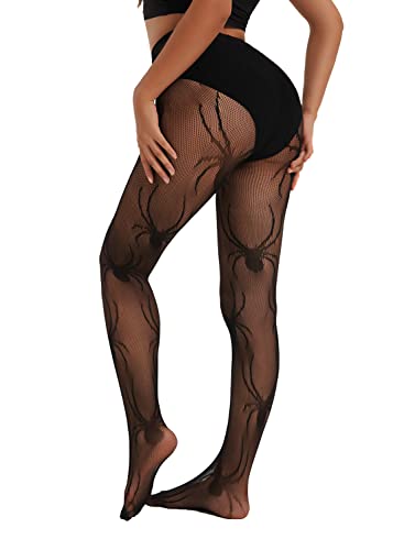 Spiders Pattern Fishnet Tights Womens Black Sexy High Waist Spider Print Net Leggings Stockings2