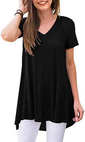 POPYOUNG Women's Summer Casual Short Sleeve Tunic Tops to Wear with Leggings V-Neck T-Shirt Loose Blouse XL, Black