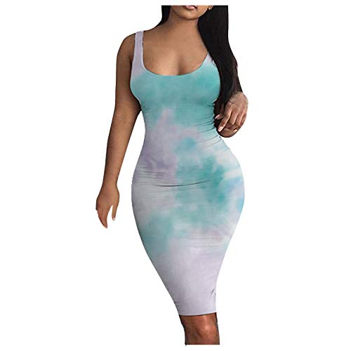 youmeI Women's Long Skirt Summer Fashion Retro Multi-Style Sleeveless Round Neck Gradient Print Sexy Short Dress Mint Green