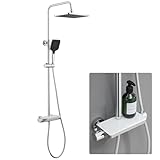 Auralum Système de douche avec thermostat et étagère en verre, mitigeur de douche complet avec douche à effet pluie, douche de tête de 30,5 cm, pommeau de douche à 3 types de jet, économe en eau