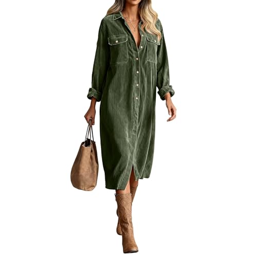 Novlewign Damen Cordkleider, langärmelig, lässig, Kragen, Hemdkleid, Herbst, Knopfleiste, Arbeitstunika-Kleid mit Tasche, Grün , Mittel