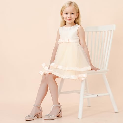 Image of LAURMOSA Girls Sandals Closed Toe High Heels Pointed Toe Ankle Strap Pumps Flower Girl Dressy Shoes in Wedding Party Cute Bowknot Chunky Block Heeled for Little Big Kids