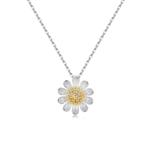 Reffeer Solid 925 Sterling Silver Flower Daisy Necklace Pendant for Women Teen Girls Flower Choker Necklace