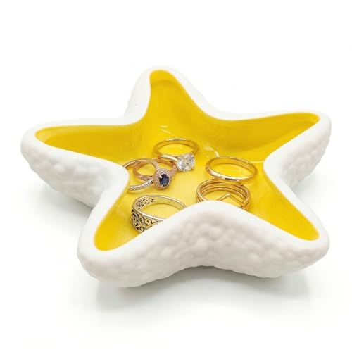 Starfish Jewelry Dish Ceramic Trinket Tray - Ocean Themed Ring Holder for Earrings, Necklaces, Beach & Bathroom Organizer with Glossy Glaze, Coastal Room Decor Gift for Women, Yellow