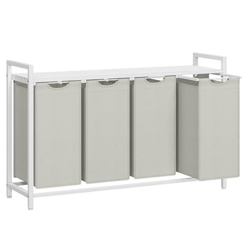 VASAGLE Laundry Basket, 4-Compartment Laundry Hamper, Pull-Out and Removable Liner Bags, Clothes Sorter, Shelf, Metal Frame, 4 x 40 L, 116 x 33 x 72 cm, Cream White and Matte White BLH401W01