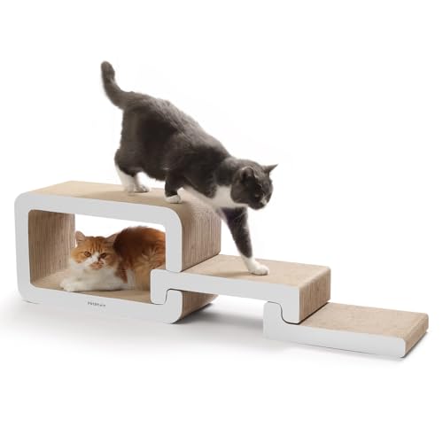 PetRhein 3-in-1 Kratzbrett, Groß XXL Kratzpappe für Katzen,Multifunktionales Kratzmöbel mit Rampe & Höhle,flexibel ausziehbar bis 116 cm,robust...