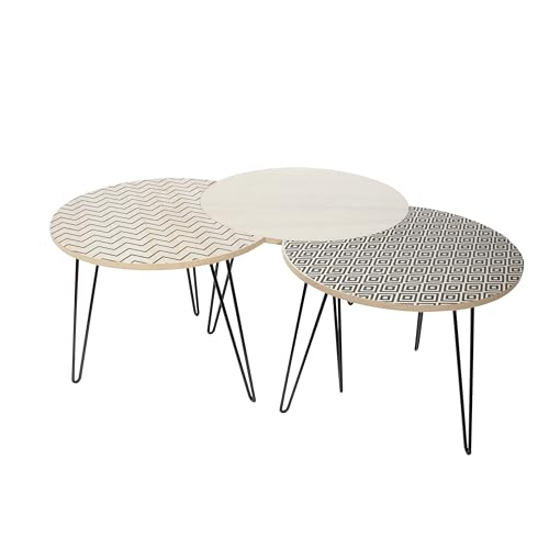 HOME DECO FACTORY - HD3882 Lot de 3 Tables Basses Emboîtables en Fer - Design Modulable, Style Moderne pour Salon - Dimensions 45 x 45 x 36 cm - Couleurs Beige et Noir