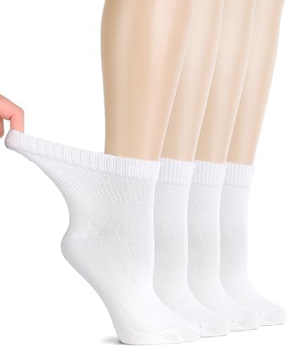 Hugh Ugoli Diabetic Socks for Women, Super Soft, Thin Bamboo Ankle Socks, Wide, Loose, Non-Binding Top, Seamless Toe, 4 Pairs