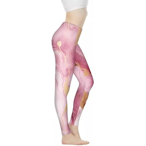 Glomenade Pink-Gold Marble Print Womens Girls Yoga Pants Full Length Butt Lifting Running Leggings Joggers Athletic Workout Trousers Cover