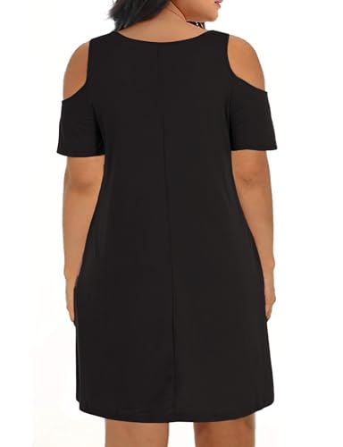 Kancystore Women Plus Size Dresses Short Sleeve Cold Shoulder Casual T-Shirt Swing Dress with Pockets2