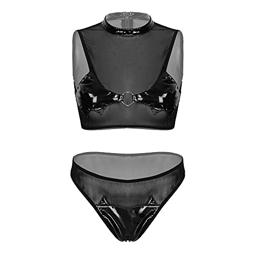 Ensemble lingerie sexy noir transparent en maille stretch avec fermeture éclair facile à enlever