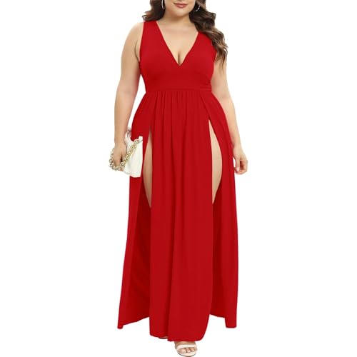 Image of SILUI Women's Summer 2026 Sexy Double High Slit Deep V Neck Plus Size Sundresses Thigh Split Maxi Club Party Dresses