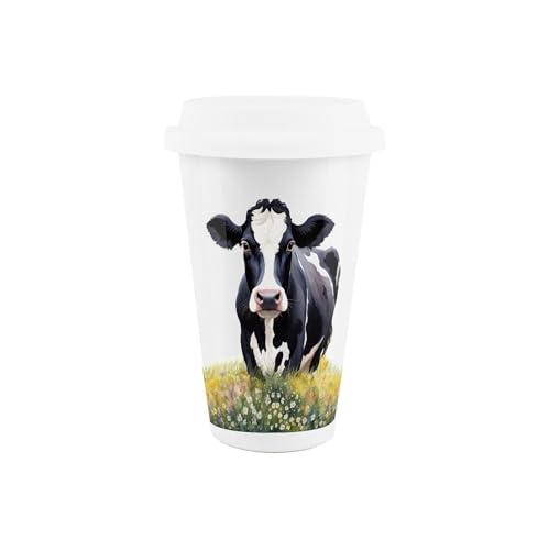 Friesian Cow Ceramic Travel Mug - Black & White Cow Floral Field Reusable Silicone Lid Double-Walled Insulated Hot/Cold Drinks Tea Coffee Gift Mug