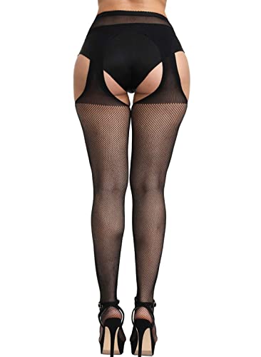 Image of Women's Floral Fishnet Stockings with Attached Garter Belt