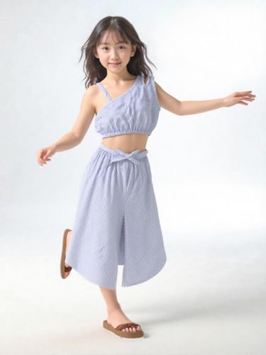 Image of A.T.U.N. (ALL THINGS UBER NICE) Girls Blue Stripe Leslie Co-ord Set | Sleeveless Top and Capri Set