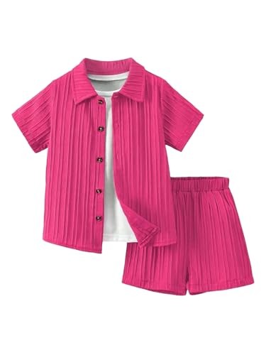 Image of SweatyRocks Boy's 2 Piece Summer Vacation Outfits Short Sleeve Collar Button Down Shirt and Shorts Clothing Set