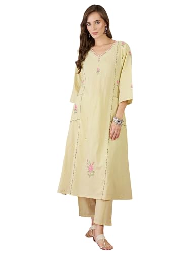 Image of INDO ERA Women's Pure Cotton Floral Embroidered A-Line Kurta & Pant Set (IESTR11298)